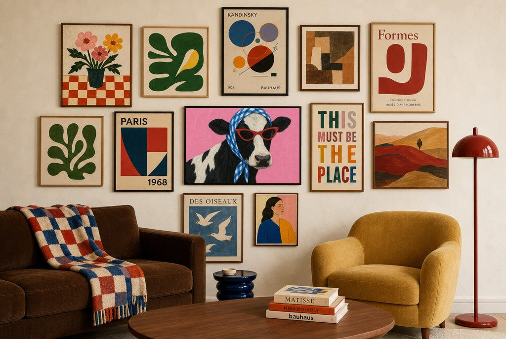 Gingham and Cat-Eyes mixed into a layered gallery wall of varied frame sizes.