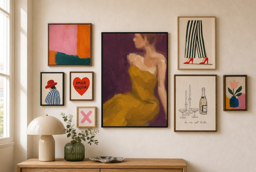 Mustard Dress, Plum, in gallery wall