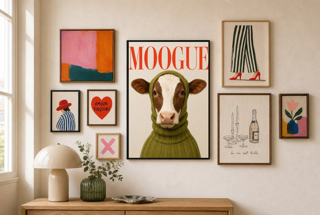 MOOGUE mixed into a layered gallery wall of varied frame sizes.