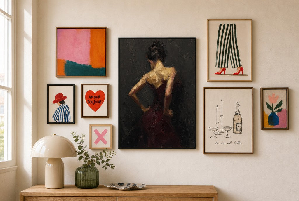 Oxblood Dress, Charcoal, in gallery wall