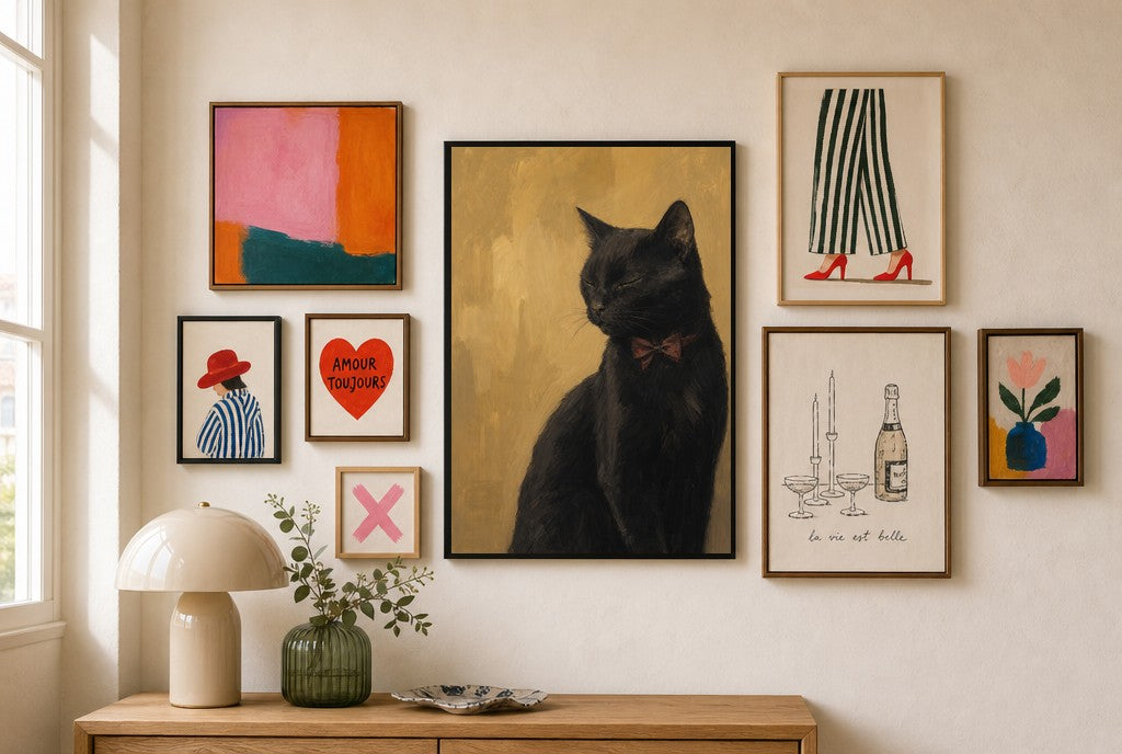 Black Cat, Red Bow mixed into a layered gallery wall of varied frame sizes.