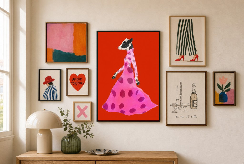 Polka in Motion mixed into a layered gallery wall of varied frame sizes.