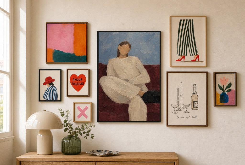 Oatmeal Knit, Oxblood Couch, in gallery wall