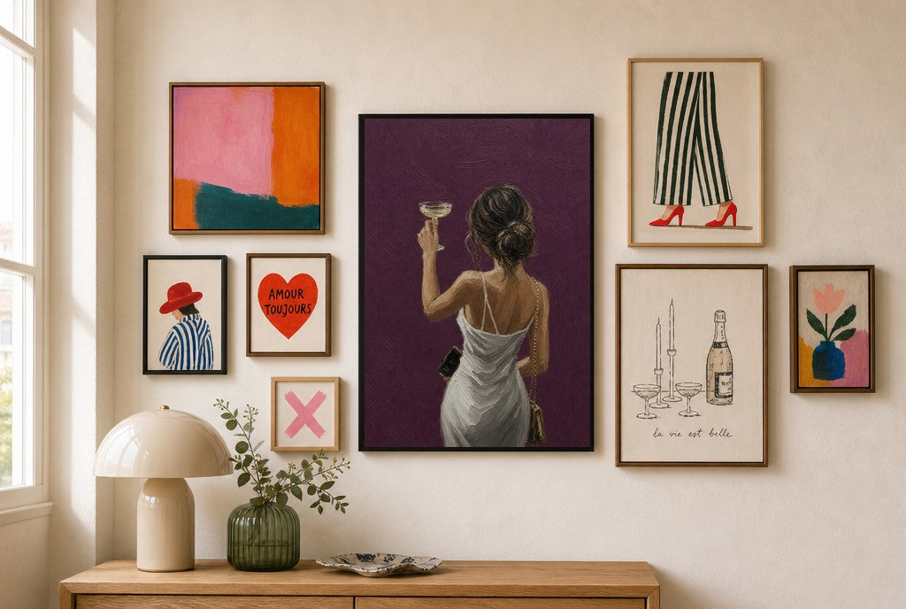 Coupe Toast, Plum mixed into a layered gallery wall of varied frame sizes.