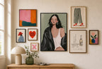 Leather Jacket, Sage mixed into a layered gallery wall of varied frame sizes.