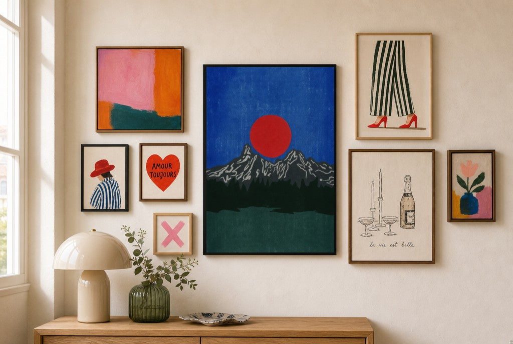 Red Sun, Charcoal Range mixed into a layered gallery wall of varied frame sizes.