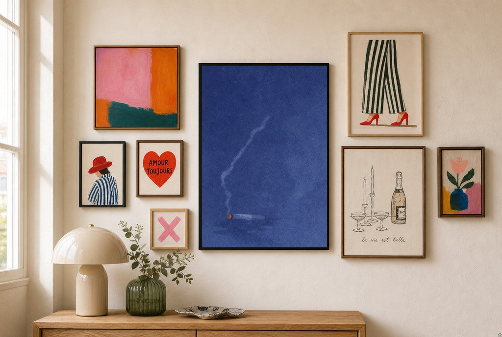 Cigarette, Midnight mixed into a layered gallery wall of varied frame sizes.