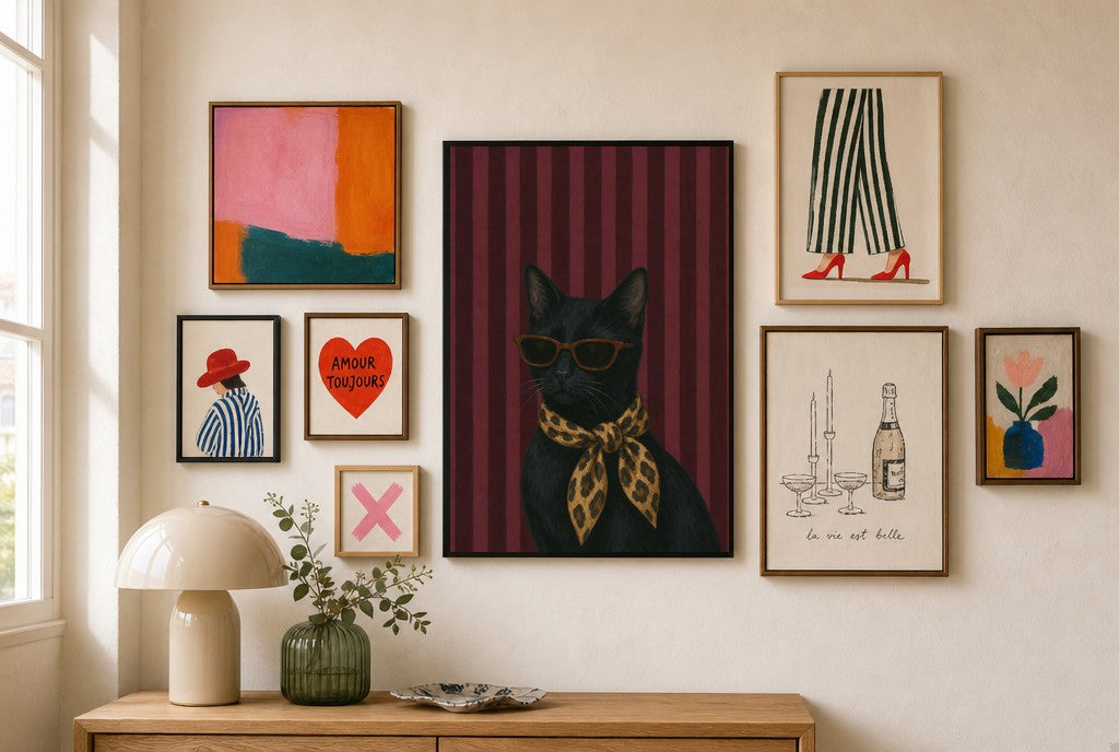 Cat, Leopard Scarf mixed into a layered gallery wall of varied frame sizes.
