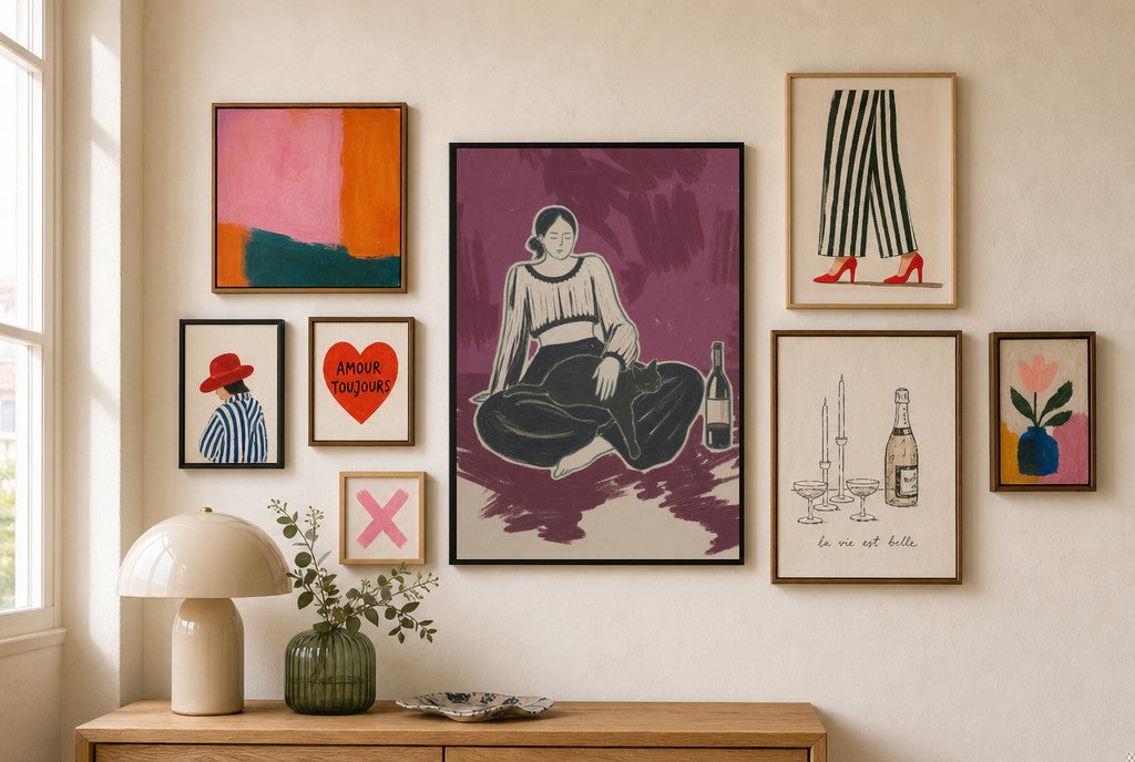 Black Cat, Wine mixed into a layered gallery wall of varied frame sizes.
