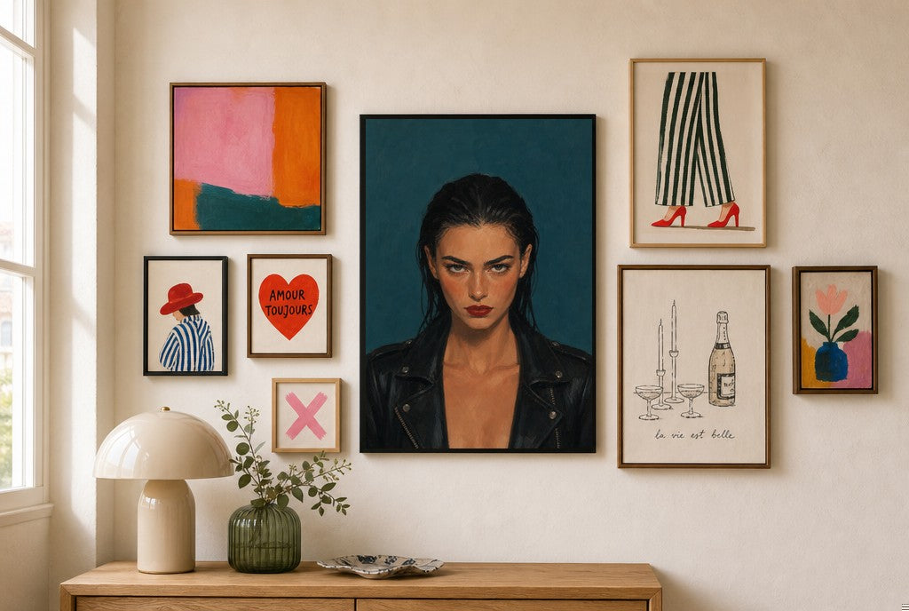 Leather Jacket, Teal mixed into a layered gallery wall of varied frame sizes.