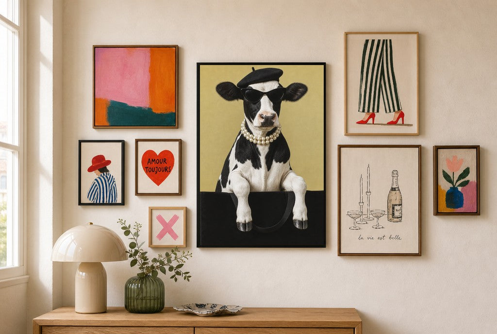 Pearls and a Beret mixed into a layered gallery wall of varied frame sizes.