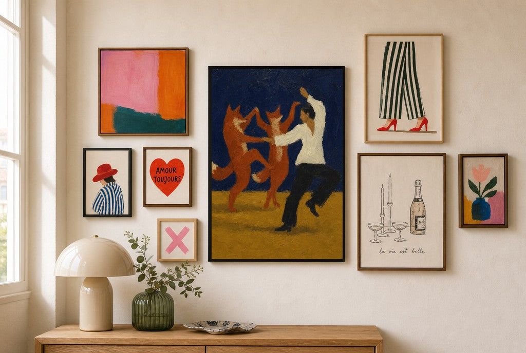 White Shirt, Red Foxes, in gallery wall