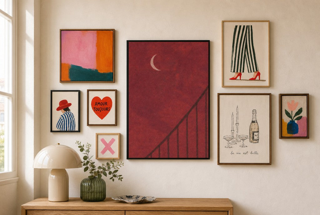 Oxblood Sky, Crescent mixed into a layered gallery wall of varied frame sizes.