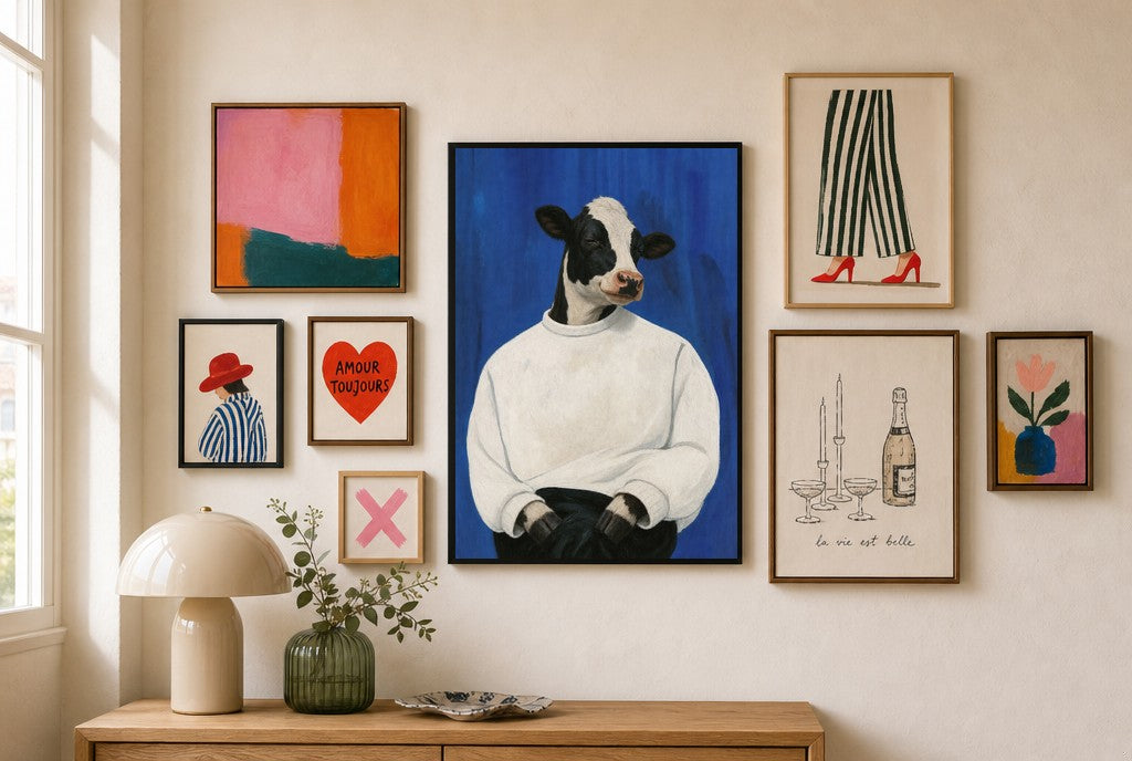 Calm in a White Sweater mixed into a layered gallery wall of varied frame sizes.