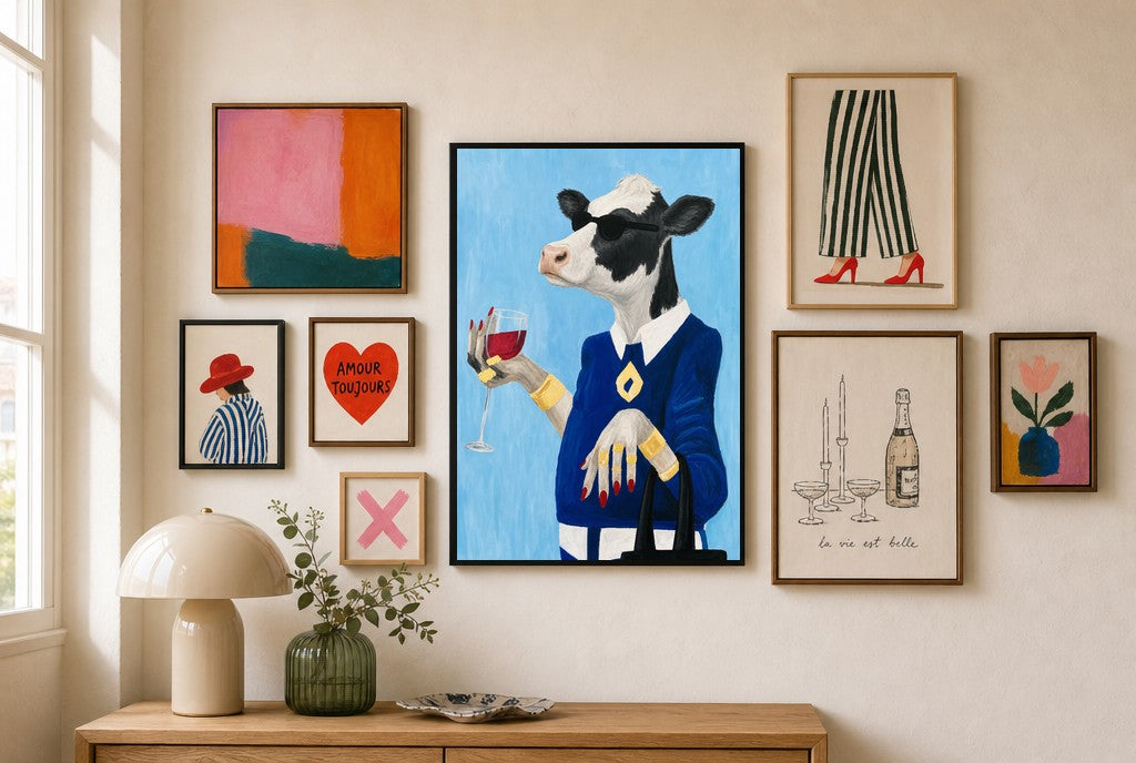Blazer and Bordeaux mixed into a layered gallery wall of varied frame sizes.