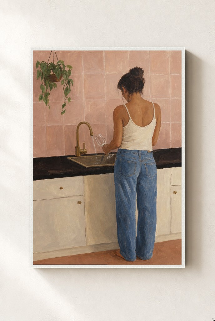 Sink, Pink Tile print, mounted in a white wood frame on a cream wall.