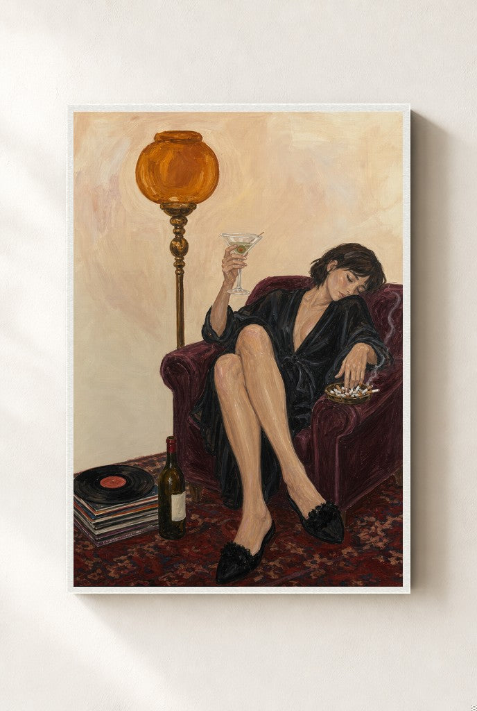 Robe, Amber Lamp print, mounted in a white wood frame on a cream wall.
