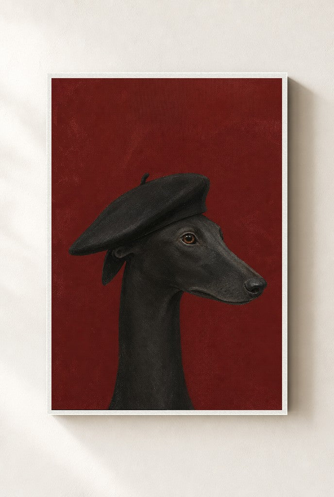 Greyhound, Black Beret print, mounted in a white wood frame on a cream wall.