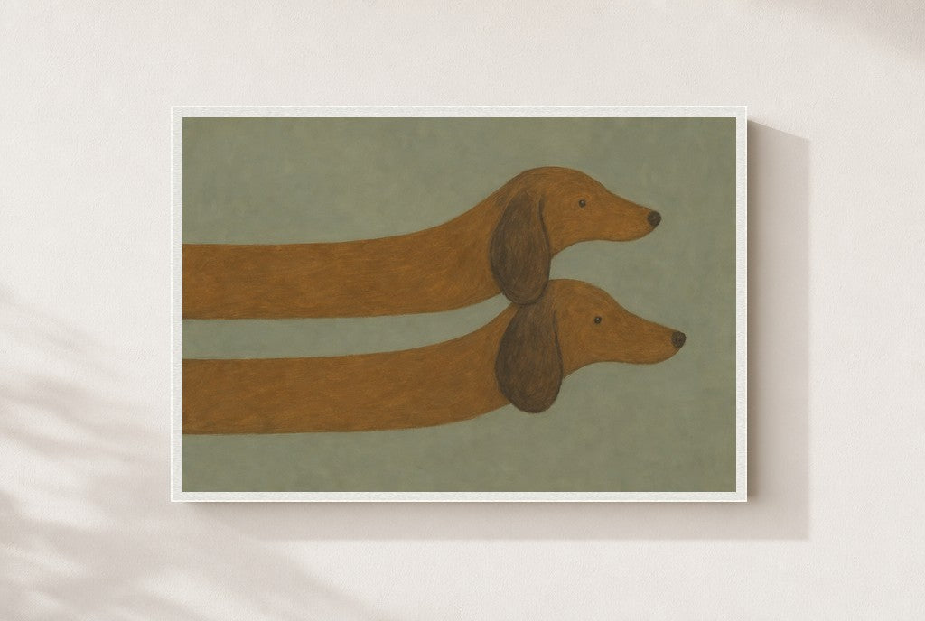 Two Dachshunds, Sage print, mounted in a white wood frame on a cream wall.