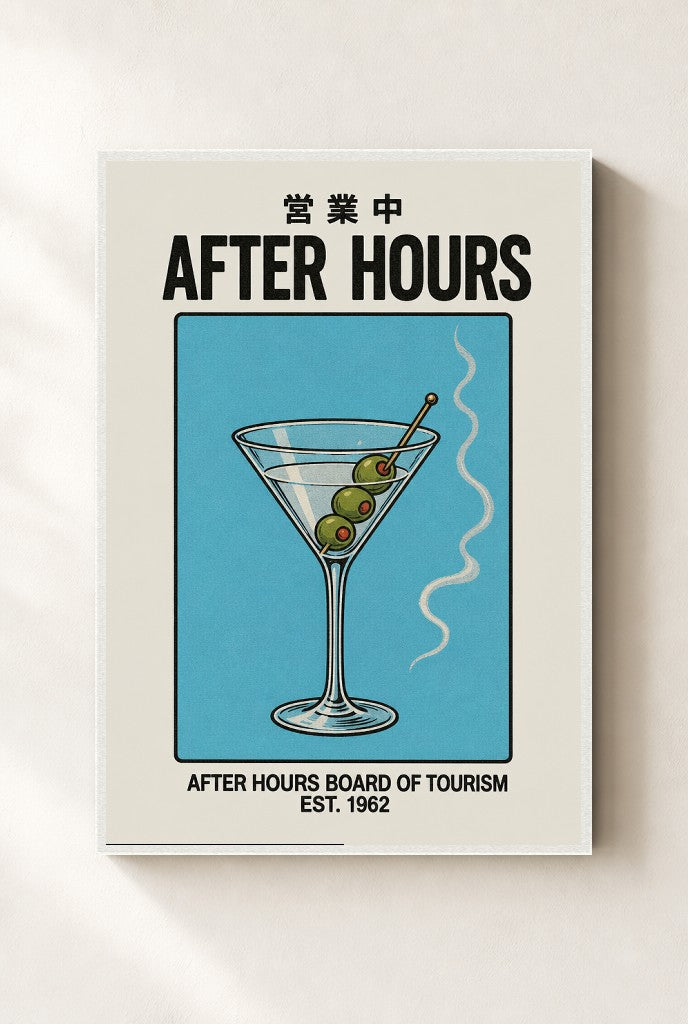 After Hours, Tourism print, mounted in a white wood frame on a cream wall.