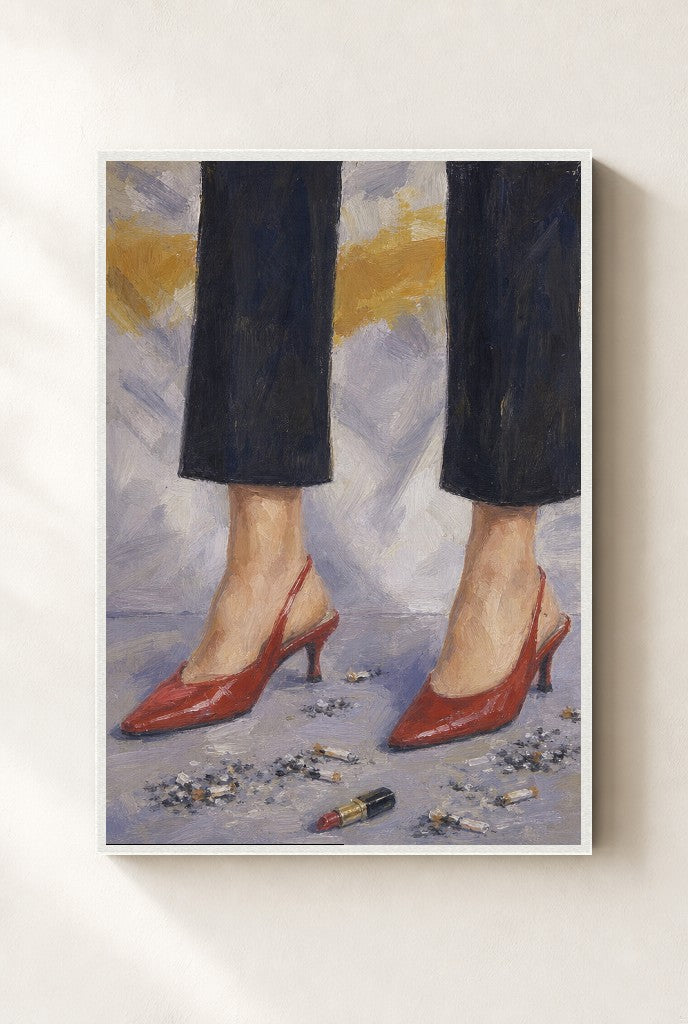 Red Heels, Ash print, mounted in a white wood frame on a cream wall.