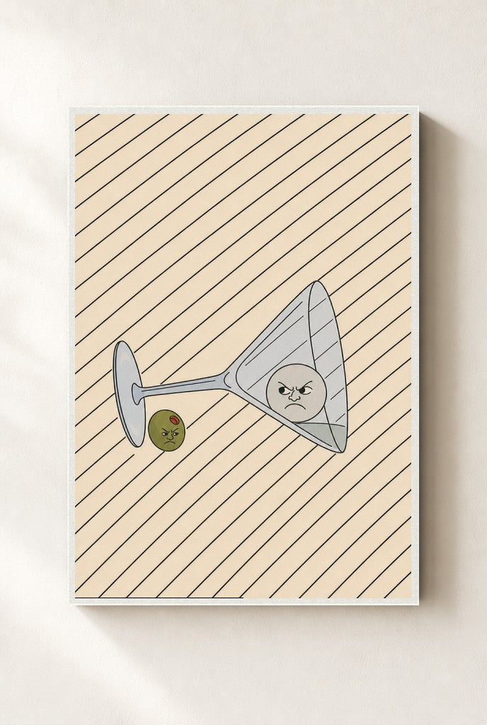 Tipped Martini, Olive print, mounted in a white wood frame on a cream wall.