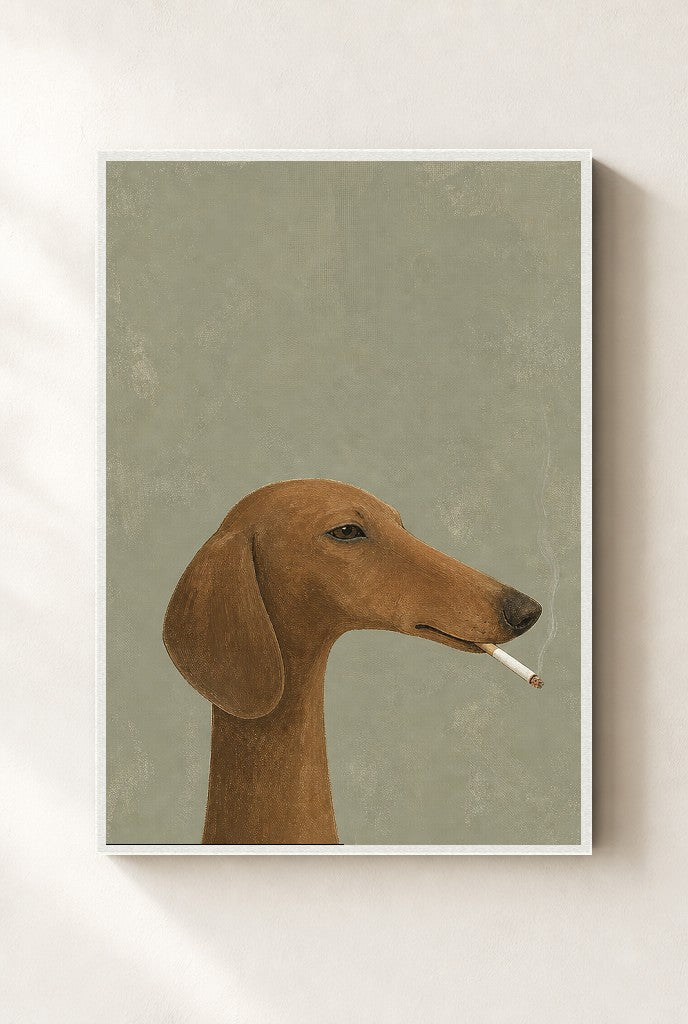 Whippet, Cigarette print, mounted in a white wood frame on a cream wall.