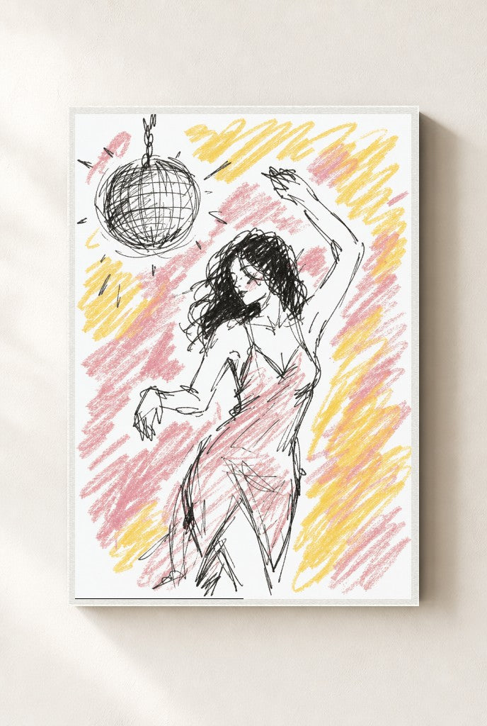 Disco Ball, Crayon print, mounted in a white wood frame on a cream wall.