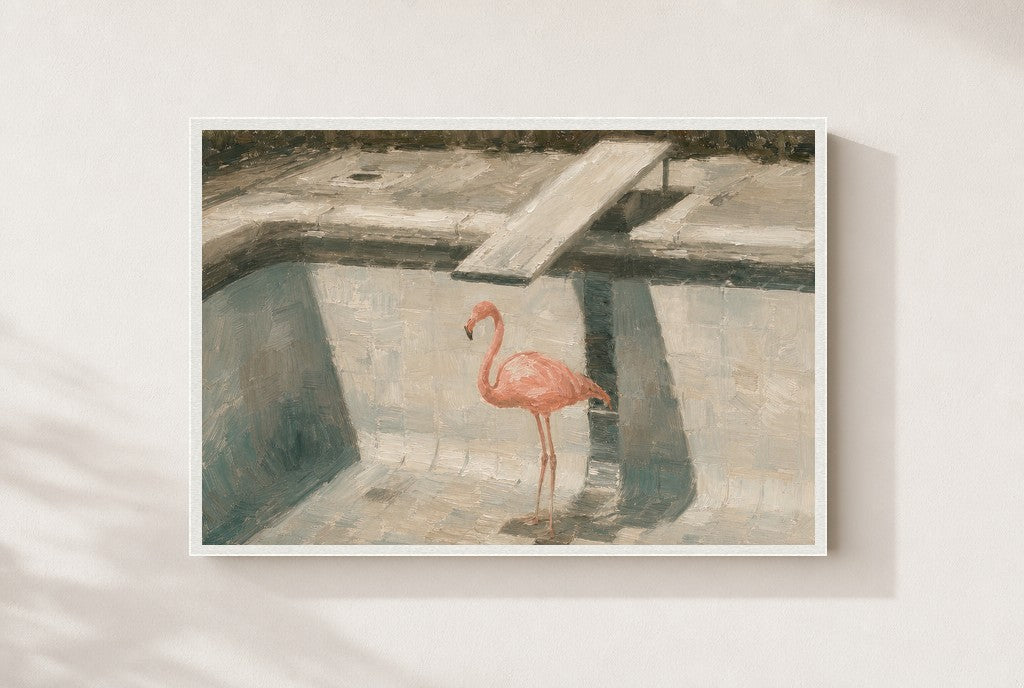 Flamingo, Empty Pool, framed close-up, white