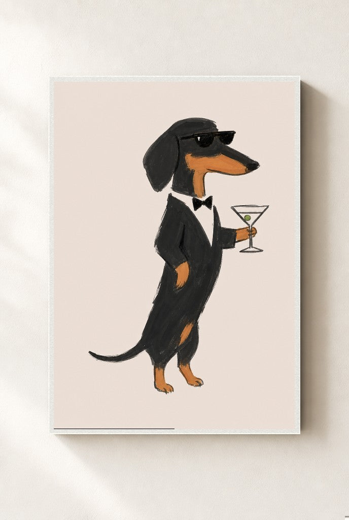 Dachshund, Martini print, mounted in a white wood frame on a cream wall.