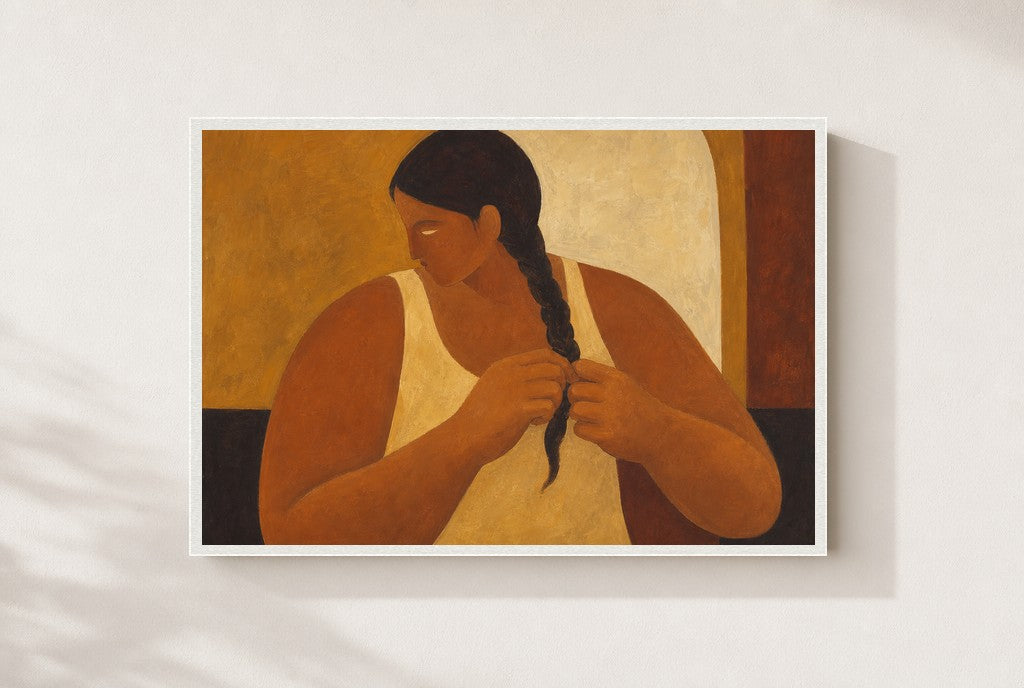 The Long Plait, framed close-up, white