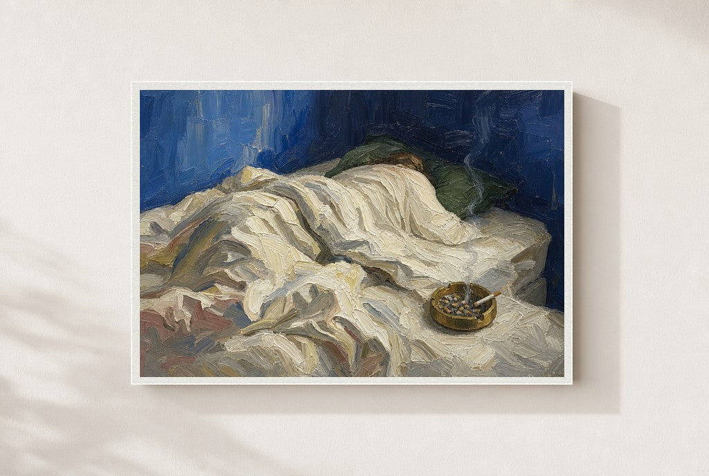 Sheets, Ashtray print, mounted in a white wood frame on a cream wall.