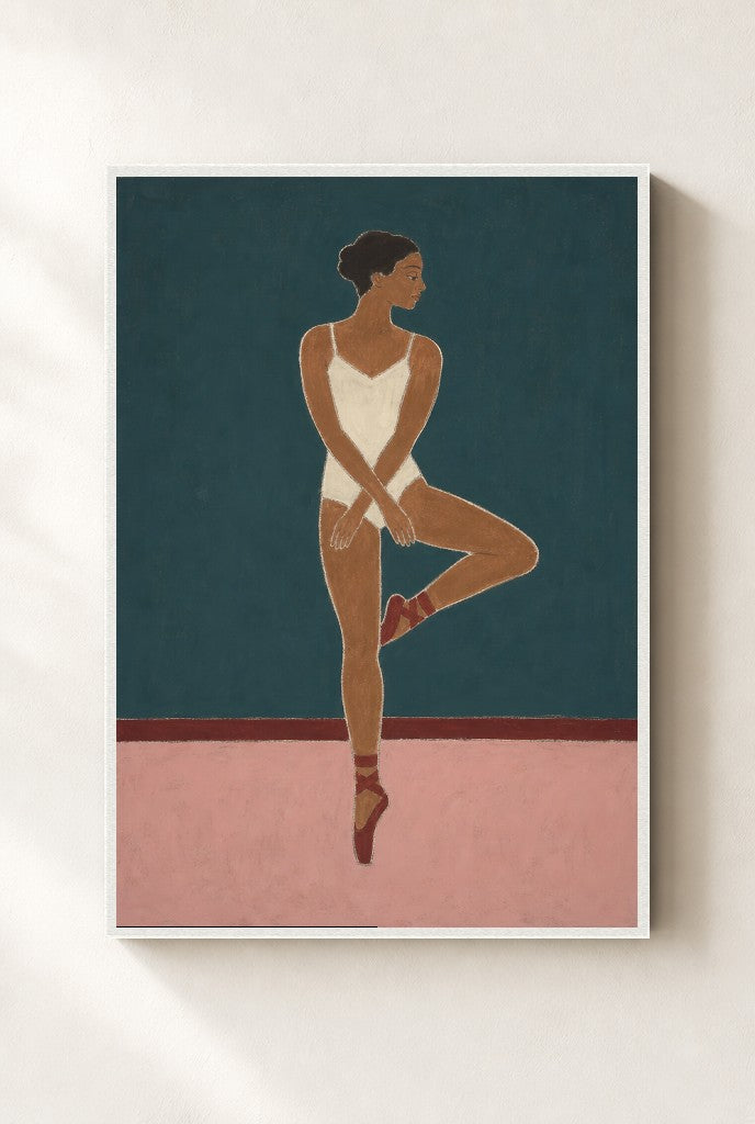 Pointe, Teal Wall print, mounted in a white wood frame on a cream wall.