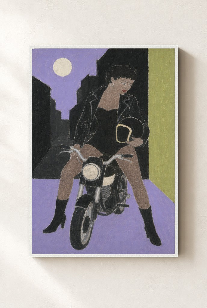 Motorcycle, Moonlit print, mounted in a white wood frame on a cream wall.