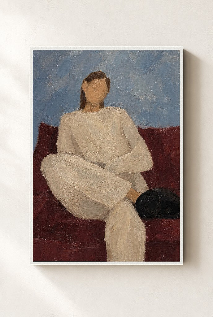 Oatmeal Knit, Oxblood Couch, framed close-up, white