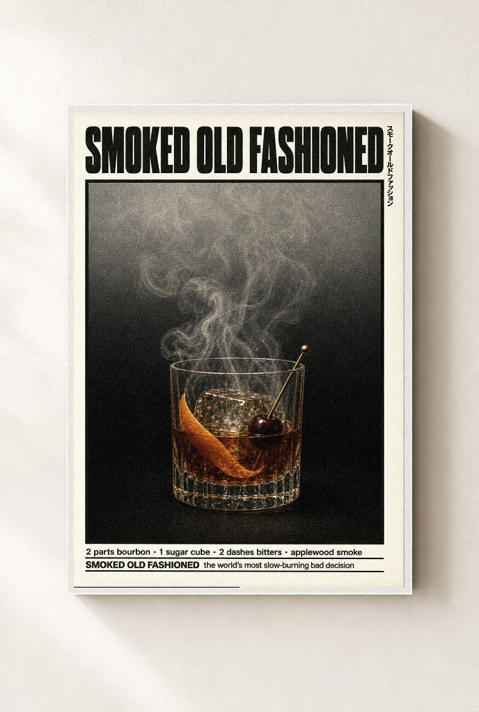 Smoked Old Fashioned print, mounted in a white wood frame on a cream wall.