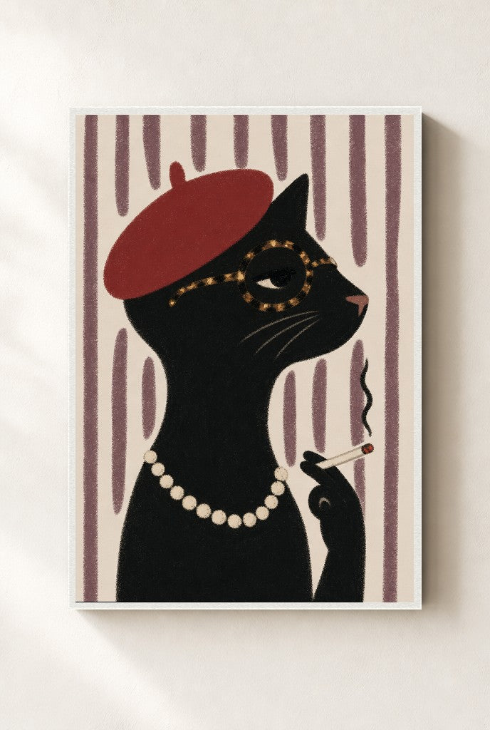 Cat, Red Beret print, mounted in a white wood frame on a cream wall.