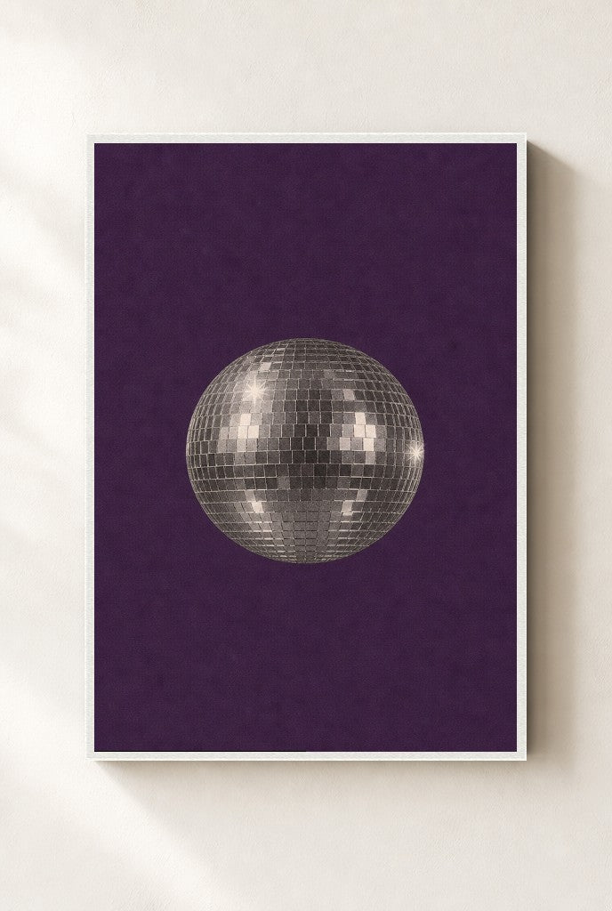 Disco Ball, Purple print, mounted in a white wood frame on a cream wall.