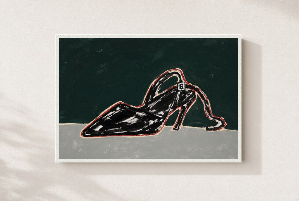 Black Heel, Teal print, mounted in a white wood frame on a cream wall.