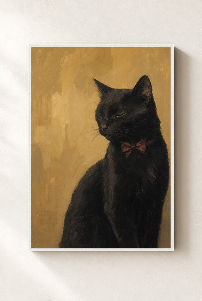 Black Cat, Red Bow print, mounted in a white wood frame on a cream wall.