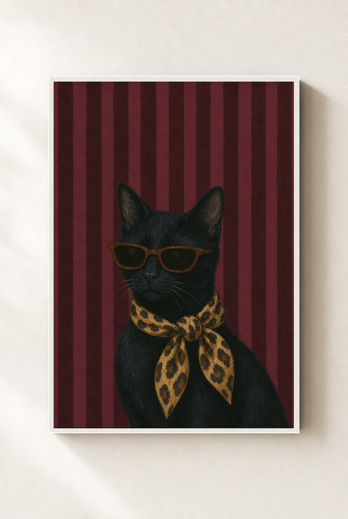 Cat, Leopard Scarf print, mounted in a white wood frame on a cream wall.