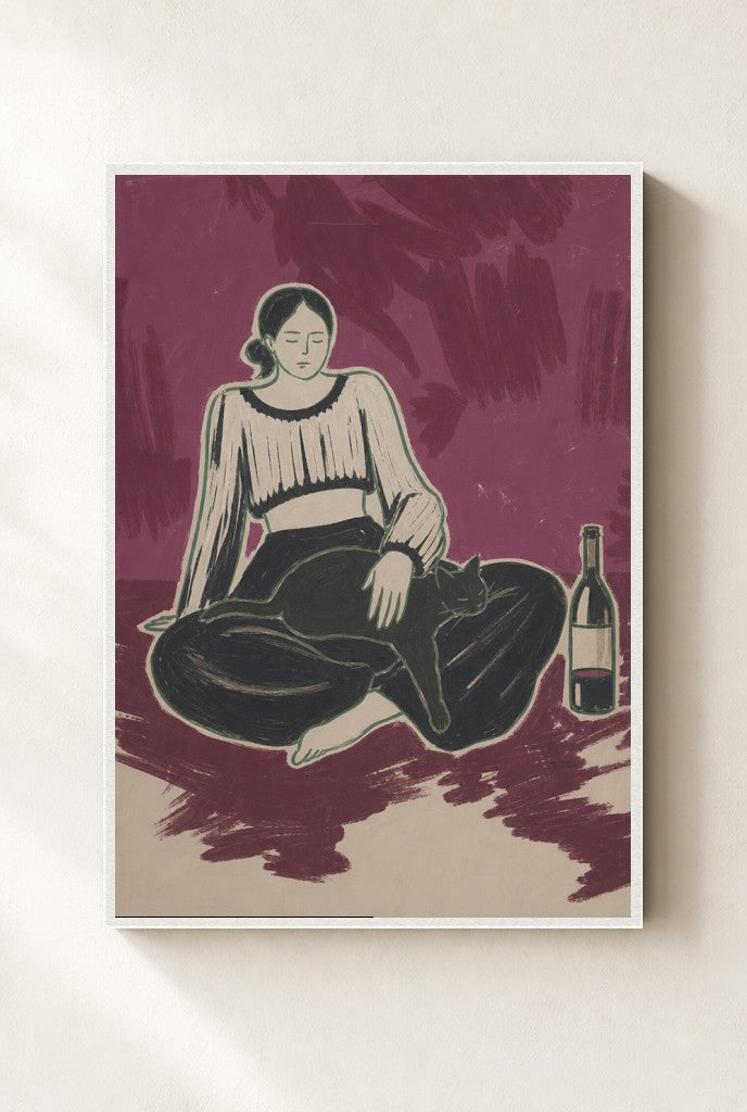 Black Cat, Wine print, mounted in a white wood frame on a cream wall.