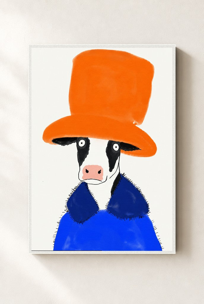 Big Hat Energy print, mounted in a white wood frame on a cream wall.