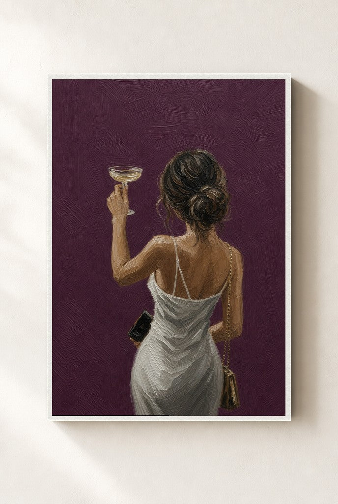Coupe Toast, Plum print, mounted in a white wood frame on a cream wall.