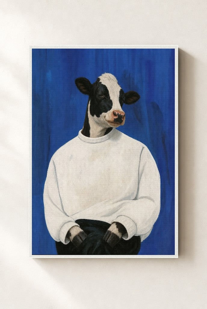 Calm in a White Sweater print, mounted in a white wood frame on a cream wall.