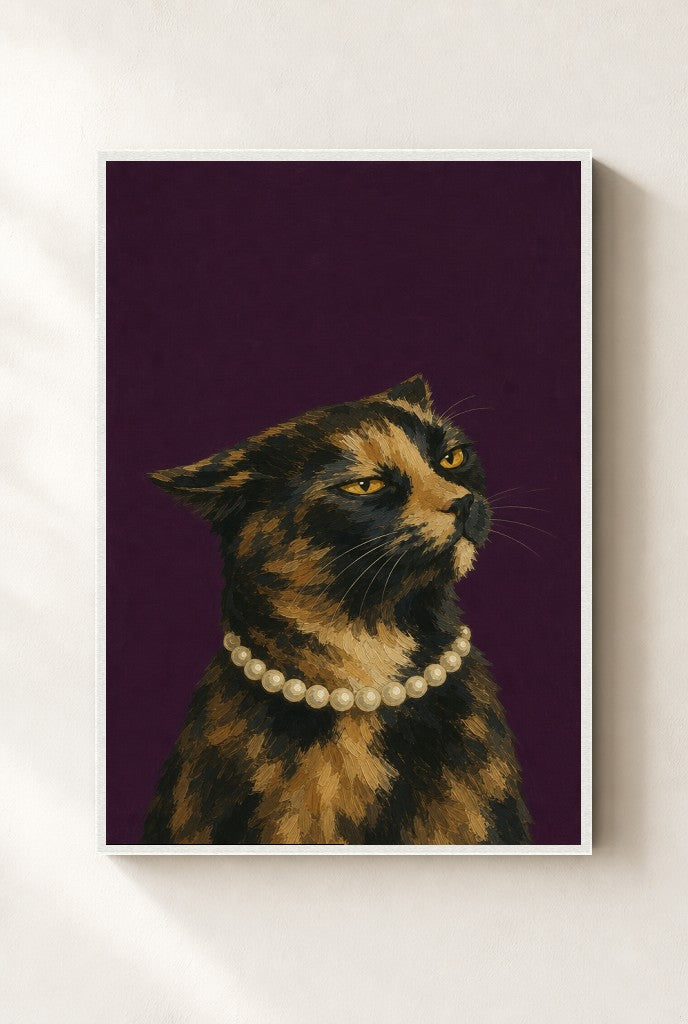 Tortoiseshell, Pearls print, mounted in a white wood frame on a cream wall.