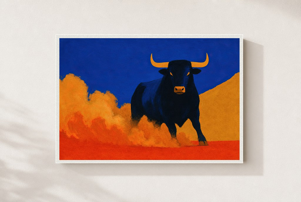 Bull, Raising Dust, framed close-up, white