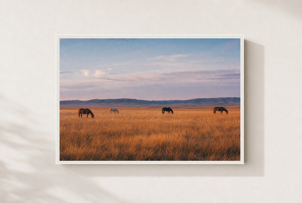 Horses, No Hurry, framed, white