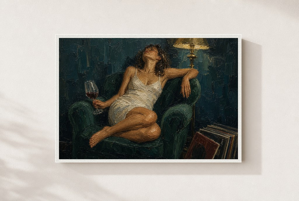 Wine Chair, Lamp print, mounted in a white wood frame on a cream wall.