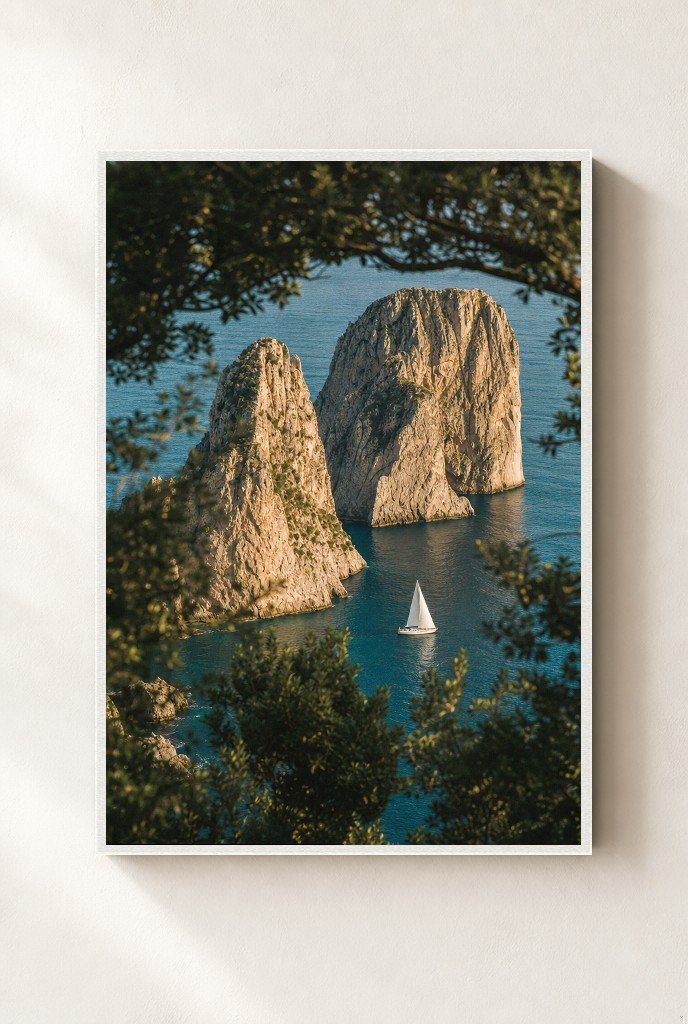 Lone Sail, Faraglioni, framed, white
